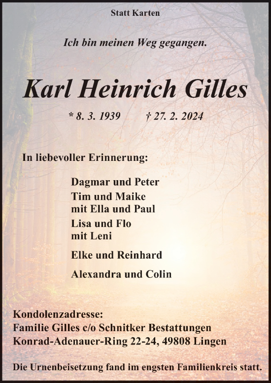 Traueranzeige von Karl Heinrich Gilles von Neue Osnabrücker Zeitung GmbH & Co. KG