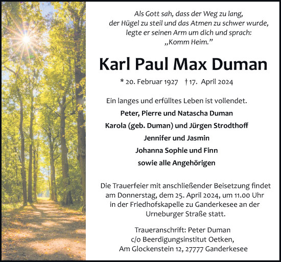 Traueranzeige von Karl Paul Max Duman von DK Medien GmbH & Co. KG