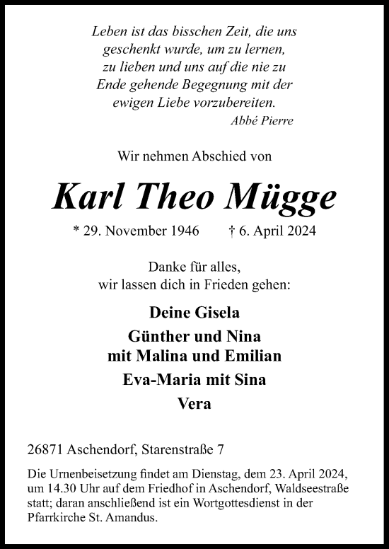 Traueranzeige von Karl Theo Mügge von Neue Osnabrücker Zeitung GmbH & Co. KG