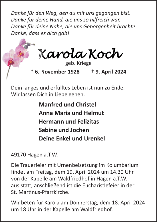 Traueranzeige von Karola Koch von Neue Osnabrücker Zeitung GmbH & Co. KG