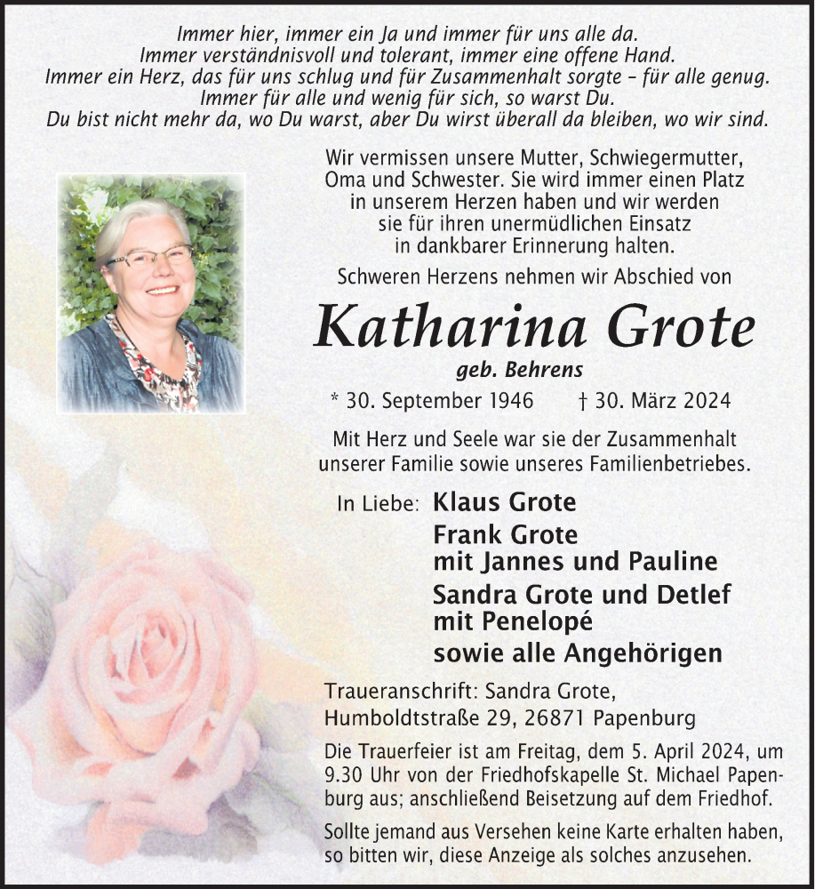 Traueranzeige für Katharina Grote vom 03.04.2024 aus Neue Osnabrücker Zeitung GmbH & Co. KG