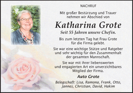 Traueranzeige von Katharina Grote von Neue Osnabrücker Zeitung GmbH & Co. KG