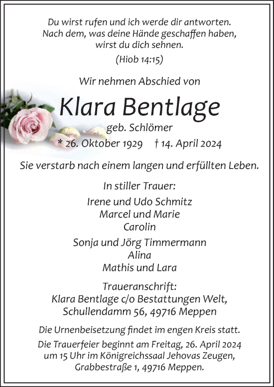 Traueranzeige von Klara Bentlage von Neue Osnabrücker Zeitung GmbH & Co. KG