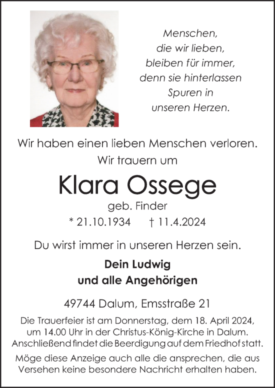 Traueranzeige von Klara Ossege von Neue Osnabrücker Zeitung GmbH & Co. KG