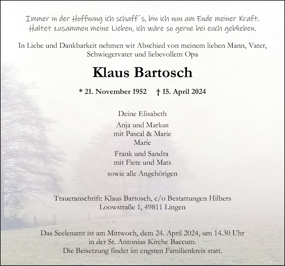  Traueranzeige für Klaus Bartosch vom 18.04.2024 aus Neue Osnabrücker Zeitung GmbH & Co. KG