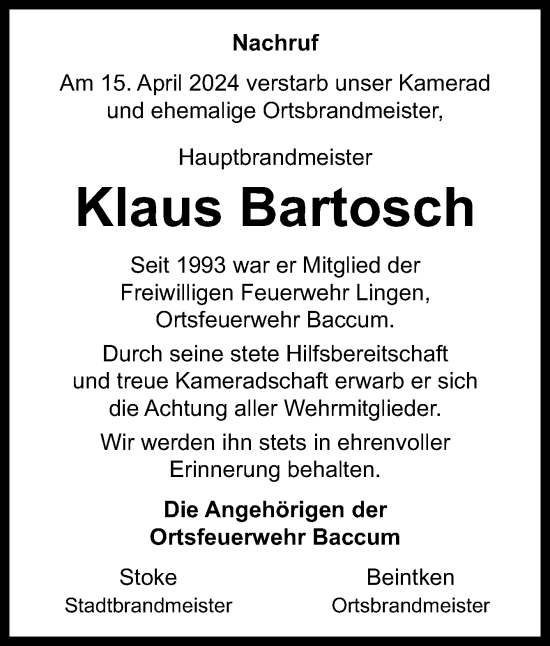 Traueranzeige von Klaus Bartosch von Neue Osnabrücker Zeitung GmbH & Co. KG