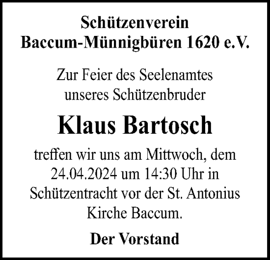 Traueranzeige von Klaus Bartosch von Neue Osnabrücker Zeitung GmbH & Co. KG