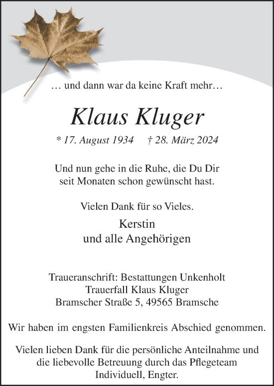 Traueranzeige von Klaus Kluger von Neue Osnabrücker Zeitung GmbH & Co. KG