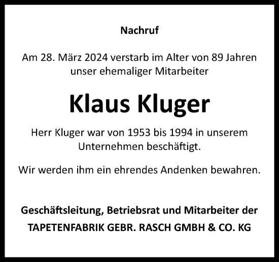 Traueranzeige von Klaus Kluger von Neue Osnabrücker Zeitung GmbH & Co. KG