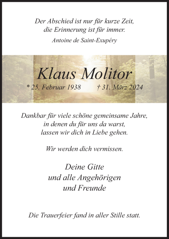 Traueranzeige von Klaus Molitor von Neue Osnabrücker Zeitung GmbH & Co. KG