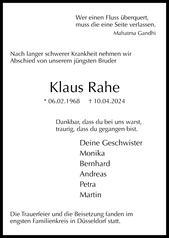 Traueranzeige von Klaus Rahe von Neue Osnabrücker Zeitung GmbH & Co. KG