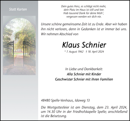 Traueranzeige von Klaus Schnier von Neue Osnabrücker Zeitung GmbH & Co. KG