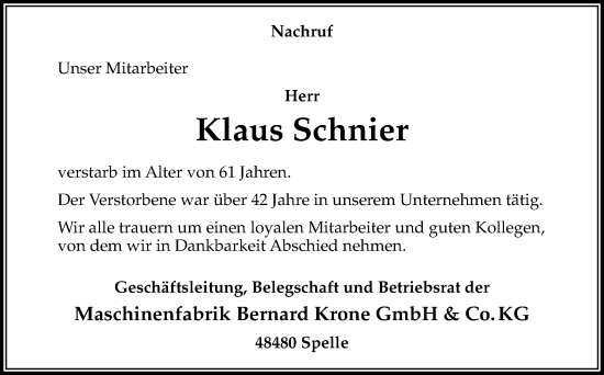 Traueranzeige von Klaus Schnier von Neue Osnabrücker Zeitung GmbH & Co. KG
