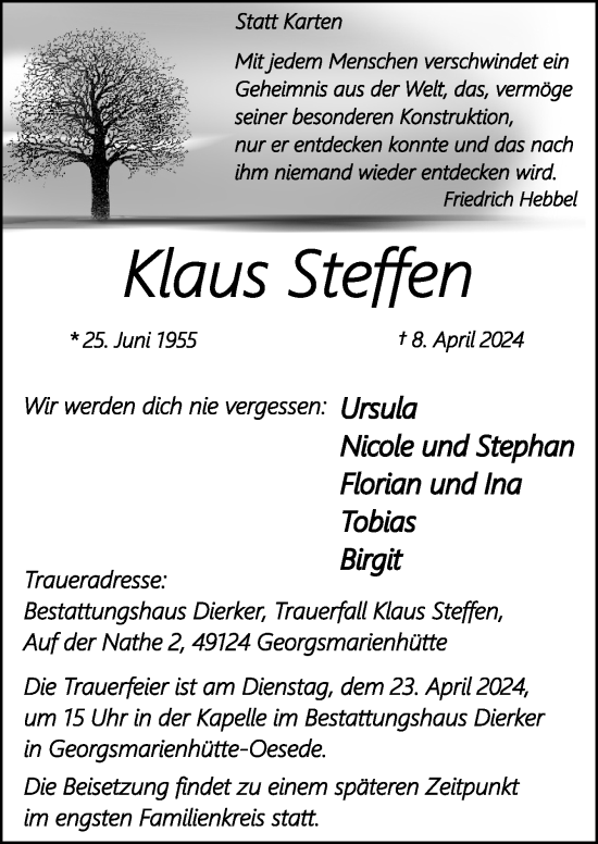 Traueranzeige von Klaus Steffen von Neue Osnabrücker Zeitung GmbH & Co. KG