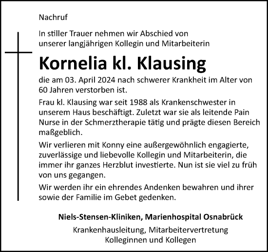Traueranzeige von Kornelia kl. Klausing von Neue Osnabrücker Zeitung GmbH & Co. KG