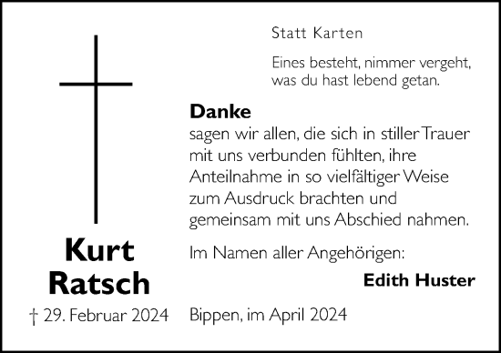 Traueranzeige von Kurt Ratsch von Neue Osnabrücker Zeitung GmbH & Co. KG