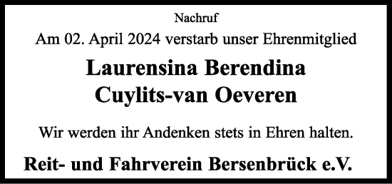 Traueranzeige von Laurensina Berendina Cuylits-van Oeveren von Neue Osnabrücker Zeitung GmbH & Co. KG