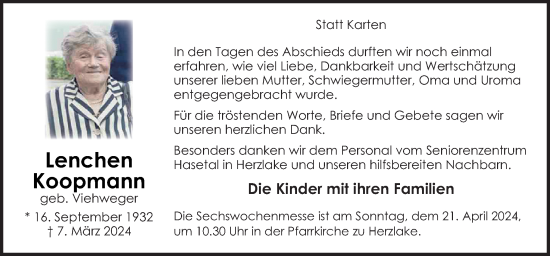 Traueranzeige von Lenchen Koopmann von Neue Osnabrücker Zeitung GmbH & Co. KG