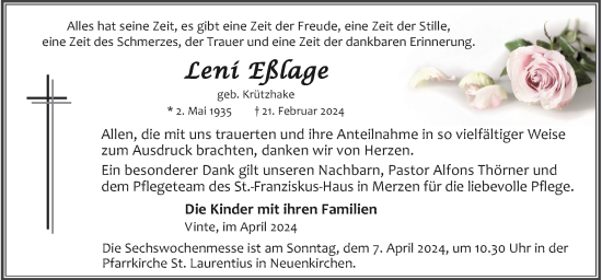 Traueranzeige von Leni Eßlage von Neue Osnabrücker Zeitung GmbH & Co. KG