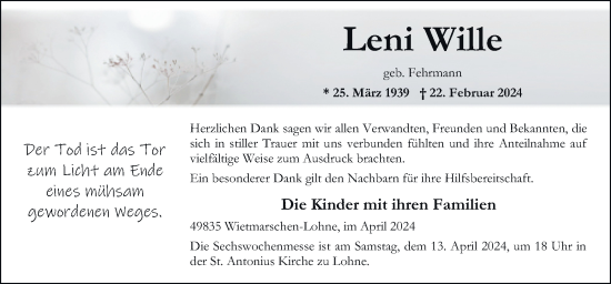 Traueranzeige von Leni Wille von Neue Osnabrücker Zeitung GmbH & Co. KG