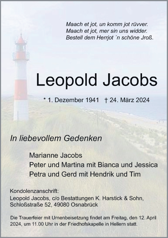 Traueranzeige von Leopold Jacobs von Neue Osnabrücker Zeitung GmbH & Co. KG