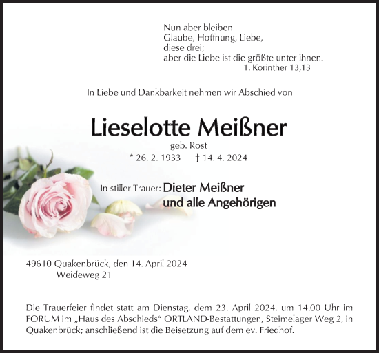 Traueranzeige von Lieselotte Meißner von Neue Osnabrücker Zeitung GmbH & Co. KG