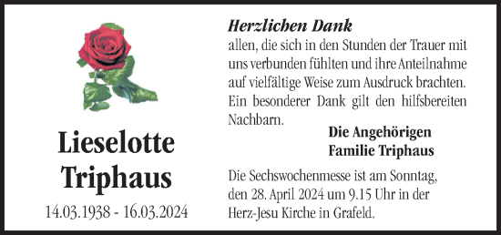 Traueranzeige von Lieselotte Triphaus von Neue Osnabrücker Zeitung GmbH & Co. KG