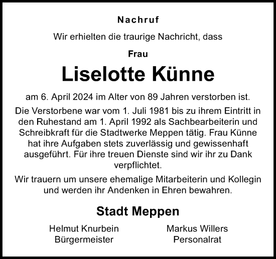 Traueranzeige von Liselotte Künne von Neue Osnabrücker Zeitung GmbH & Co. KG