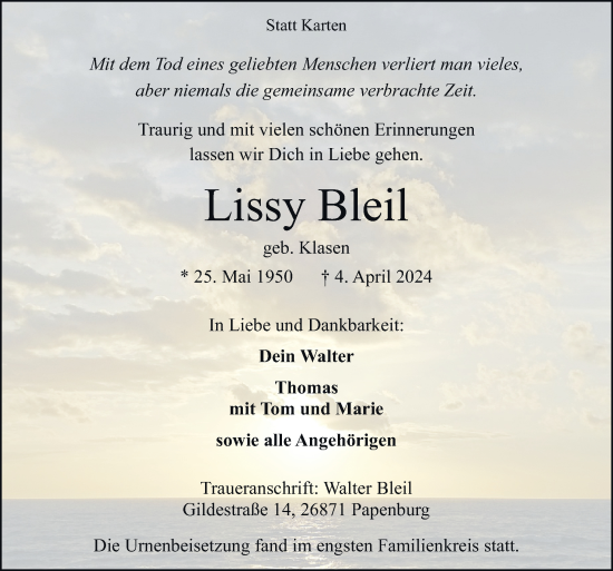 Traueranzeige von Lissy Bleil von Neue Osnabrücker Zeitung GmbH & Co. KG