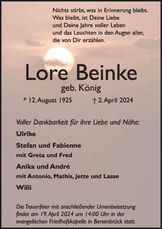Traueranzeige von Lore Beinke von Neue Osnabrücker Zeitung GmbH & Co. KG