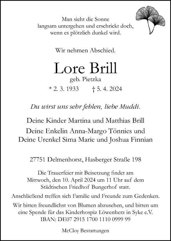 Traueranzeige von Lore Brill von DK Medien GmbH & Co. KG