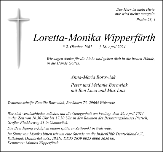 Traueranzeige von Loretta-Monika Wipperfürth von Neue Osnabrücker Zeitung GmbH & Co. KG