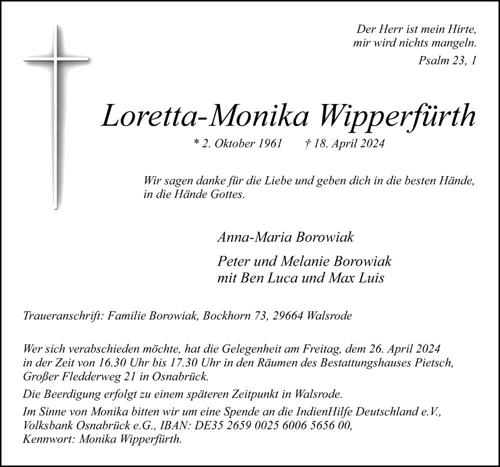  Traueranzeige für Loretta-Monika Wipperfürth vom 24.04.2024 aus Neue Osnabrücker Zeitung GmbH & Co. KG