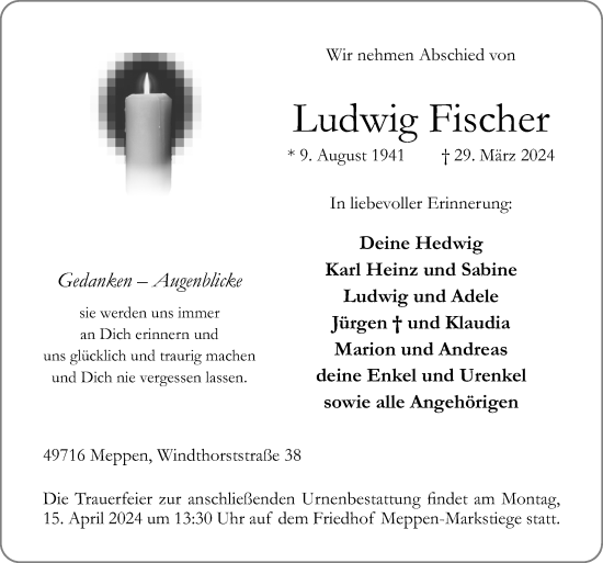 Traueranzeige von Ludwig Fischer von Neue Osnabrücker Zeitung GmbH & Co. KG