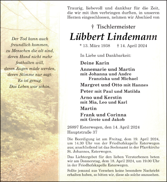 Traueranzeige von Lübbert Lindemann von Neue Osnabrücker Zeitung GmbH & Co. KG
