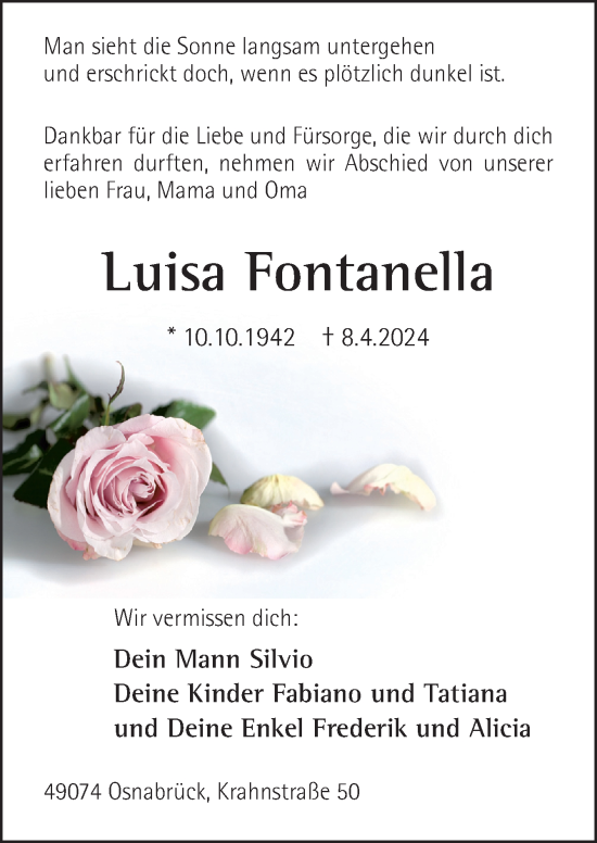 Traueranzeige von Luisa Fontanella von Neue Osnabrücker Zeitung GmbH & Co. KG