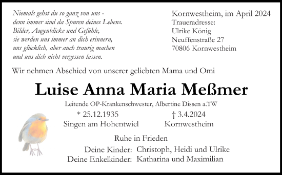 Traueranzeige von Luise Anna Maria Meßmer von Neue Osnabrücker Zeitung GmbH & Co. KG