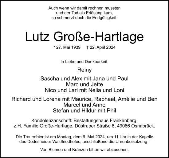 Traueranzeige von Lutz Große-Hartlage von Neue Osnabrücker Zeitung GmbH & Co. KG