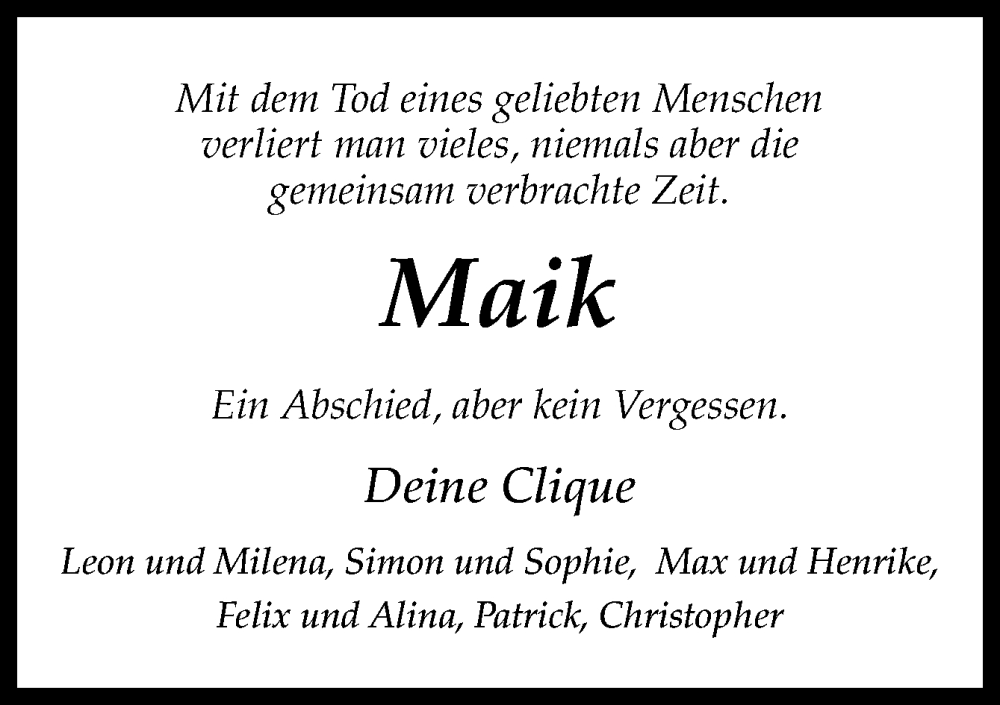  Traueranzeige für Maik Kleinebrinker vom 19.04.2024 aus Neue Osnabrücker Zeitung GmbH & Co. KG
