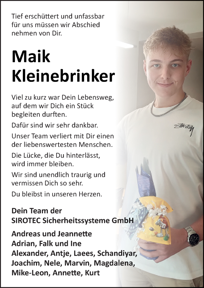  Traueranzeige für Maik Kleinebrinker vom 17.04.2024 aus Neue Osnabrücker Zeitung GmbH & Co. KG