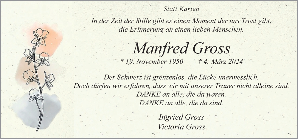  Traueranzeige für Manfred Gross vom 20.04.2024 aus Neue Osnabrücker Zeitung GmbH & Co. KG