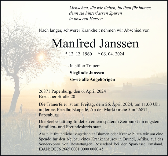 Traueranzeige von Manfred Janssen von Neue Osnabrücker Zeitung GmbH & Co. KG