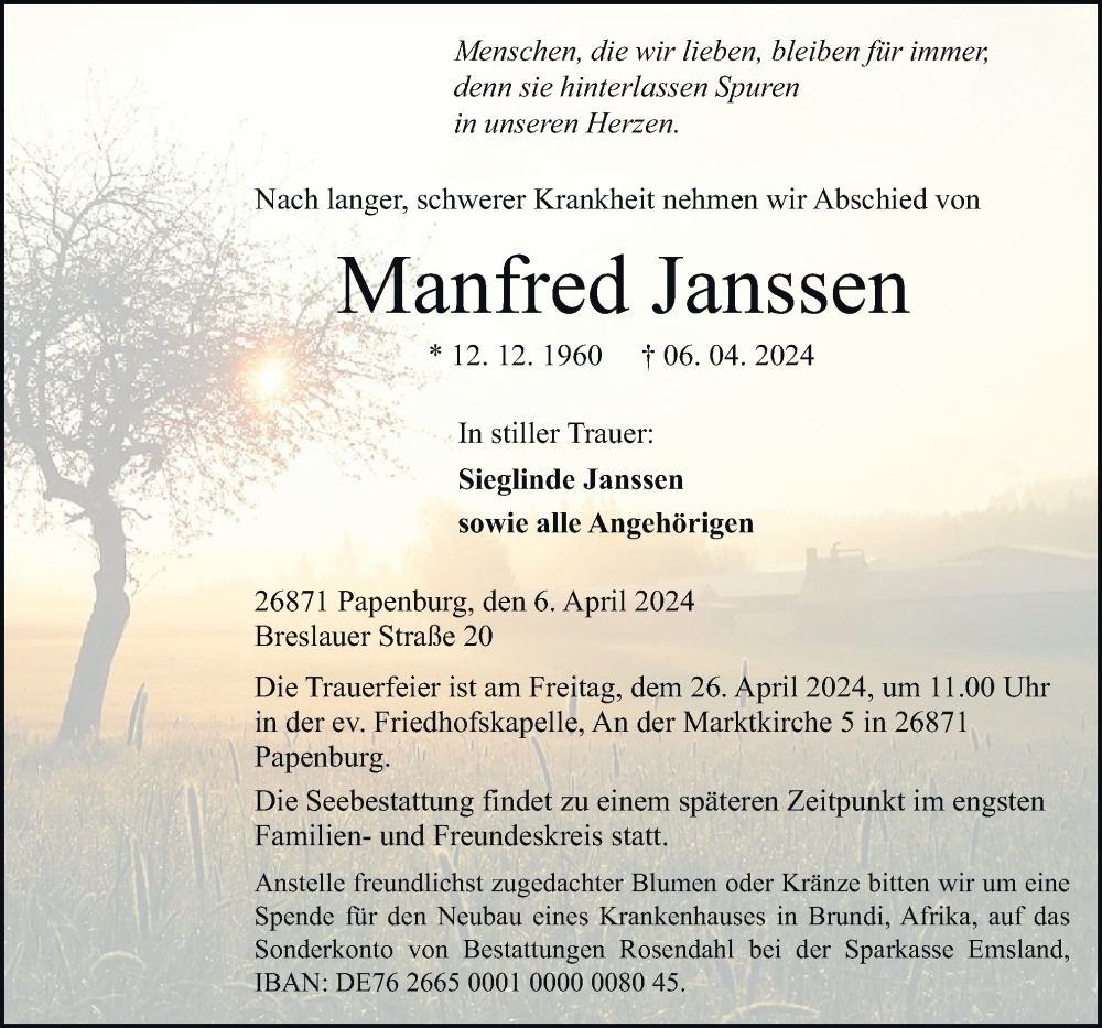 Traueranzeige für Manfred Janssen vom 15.04.2024 aus Neue Osnabrücker Zeitung GmbH & Co. KG