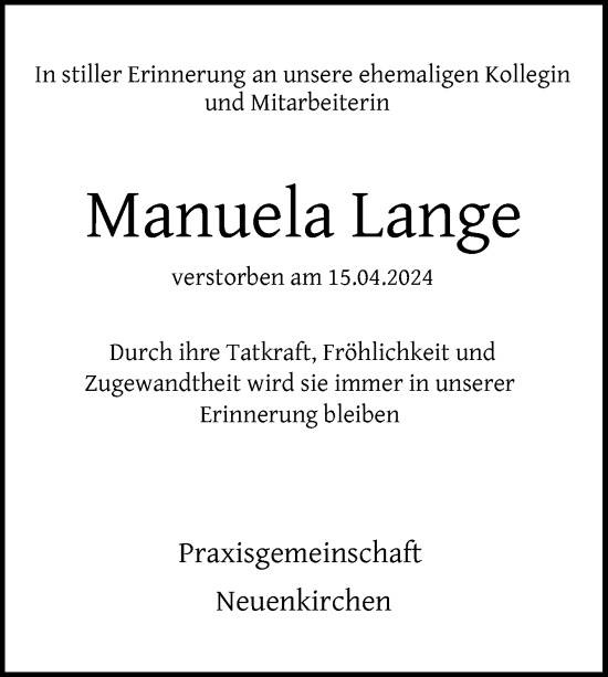 Traueranzeige von Manuela Lange von Neue Osnabrücker Zeitung GmbH & Co. KG