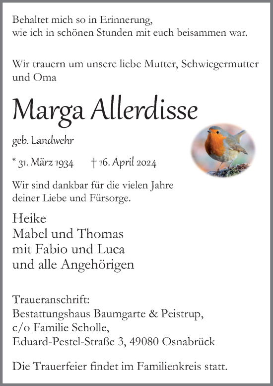 Traueranzeige von Marga Allerdisse von Neue Osnabrücker Zeitung GmbH & Co. KG