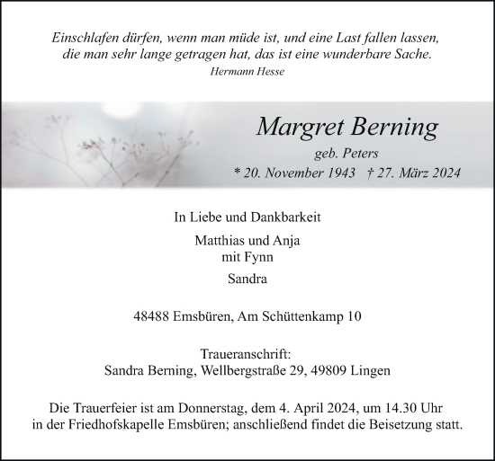 Traueranzeige von Margret Berning von Neue Osnabrücker Zeitung GmbH & Co. KG