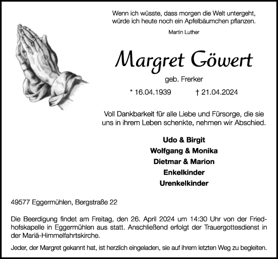 Traueranzeige von Margret Göwert von Neue Osnabrücker Zeitung GmbH & Co. KG