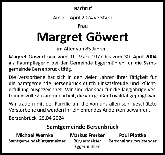 Traueranzeige von Margret Göwert von Neue Osnabrücker Zeitung GmbH & Co. KG