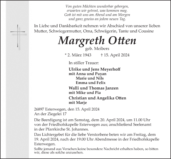 Traueranzeige von Margreth Otten von Neue Osnabrücker Zeitung GmbH & Co. KG