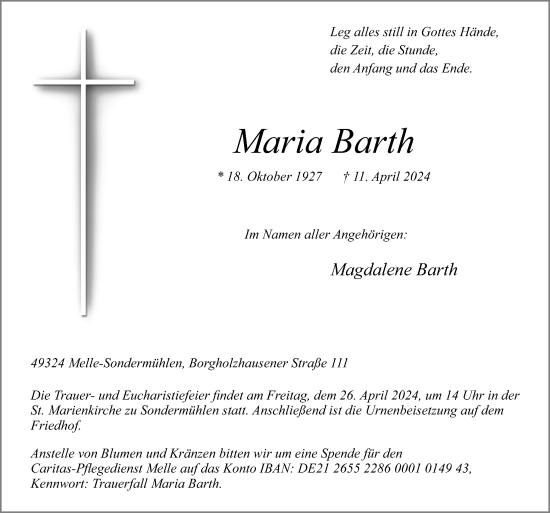 Traueranzeige von Maria Barth von Neue Osnabrücker Zeitung GmbH & Co. KG